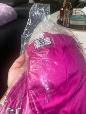 Victoria's Secret Hot Pink Satin Pajama Bottoms with Rhinestone Logo